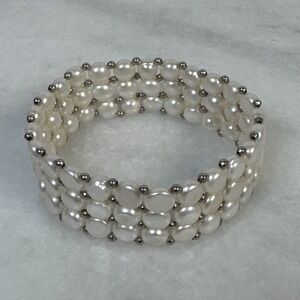 Three Strand Freshwater Multi-Color Button Pearl Stretch Bracelet with Sterling